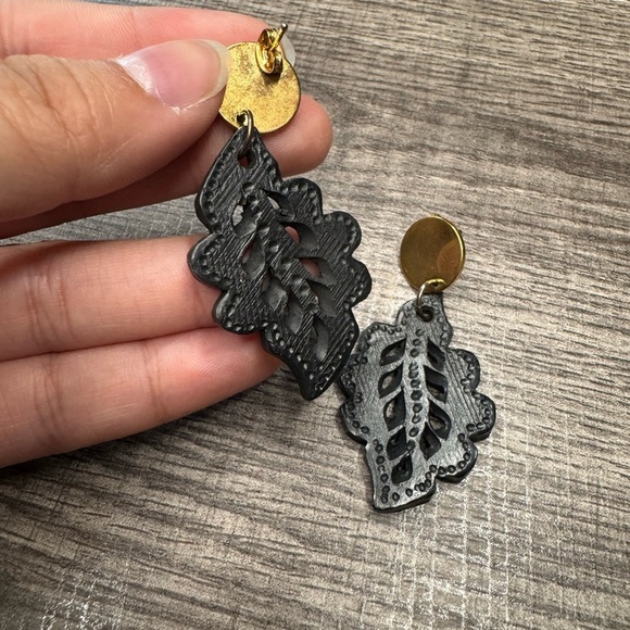 Black clay Black and Gold Leaf Earrings - Picture 3 of 4